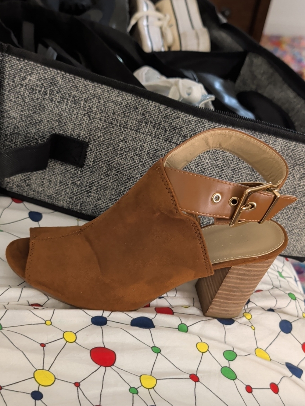 Women’s Brown Suede Open-Toe Block Heel Booties with Buckle Strap